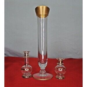 Crystal Bud Vase Set of 3 Gold 24K Trim Mini Footed Slender Flute